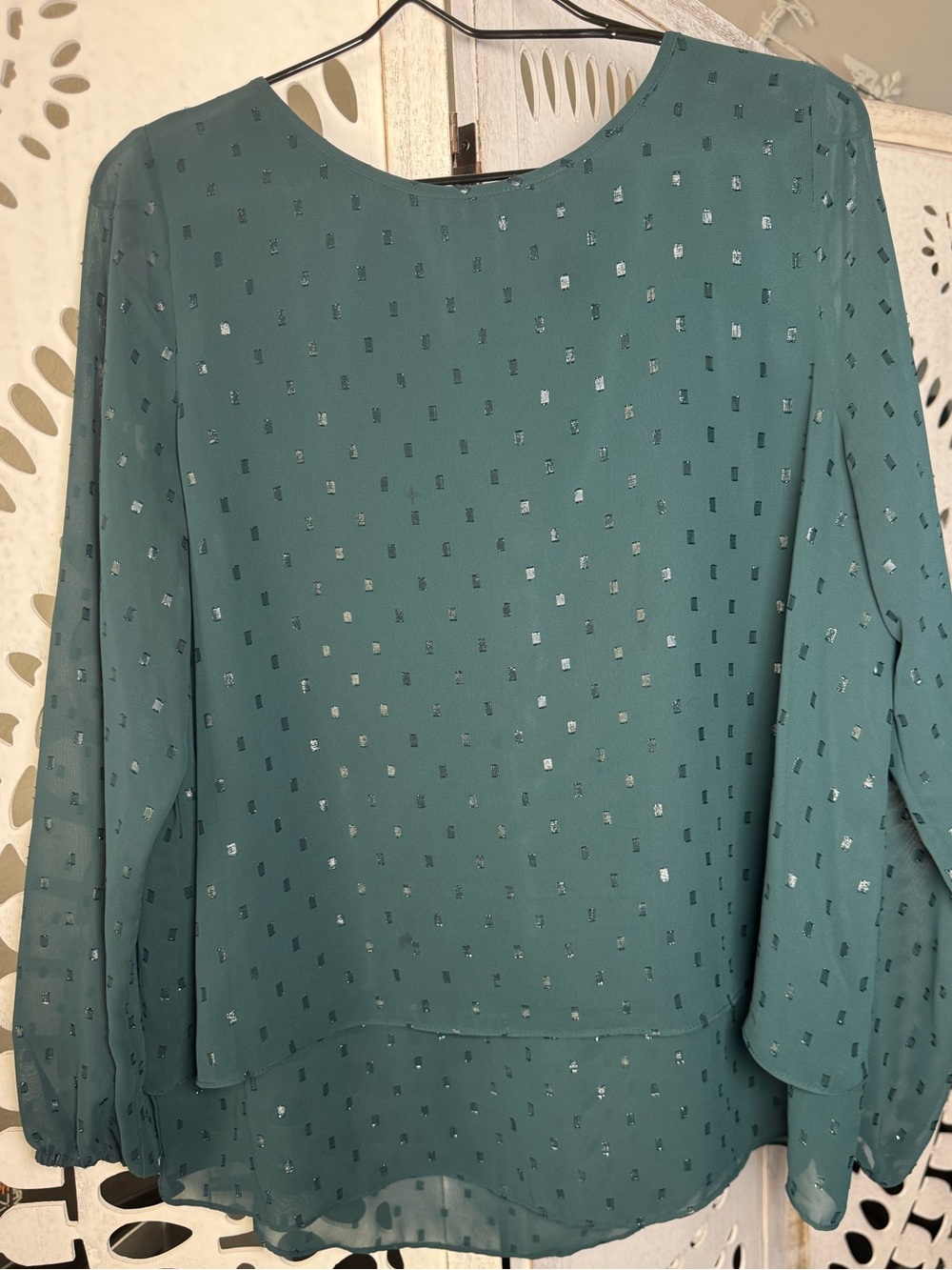 Apt. 9 Emerald Green Metallic Clip Dot Layered Blouse Sheer Sleeve Keyhole L